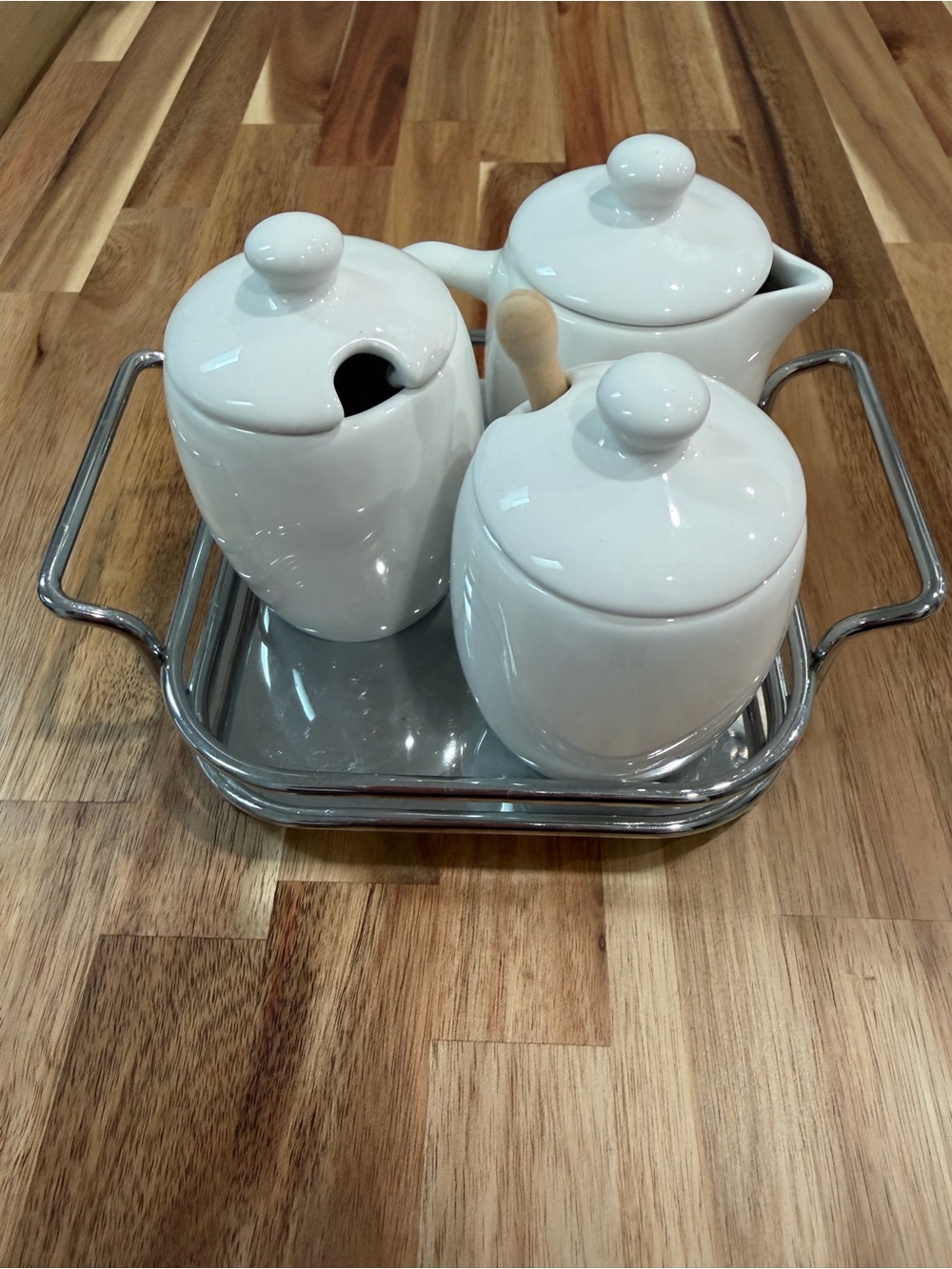 Pottery Barn White Ceramic Condiment Set with Tray